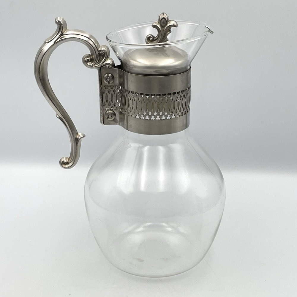 Vintage 1960s Corning Glass Carafe Pitcher Silver Plated Ornate Handle 9.5"